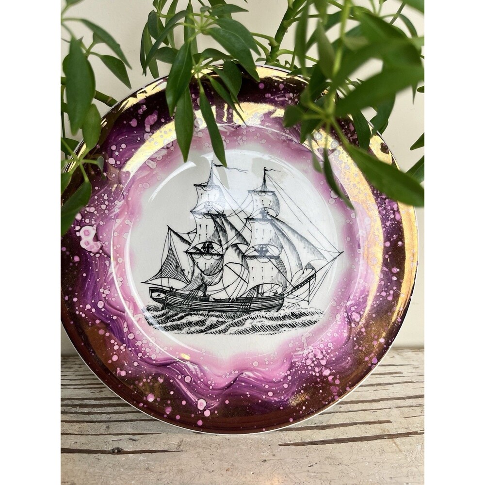 Vintage British Transferware Ship Pink Luster Plate~Gray’s Pottery England 8”